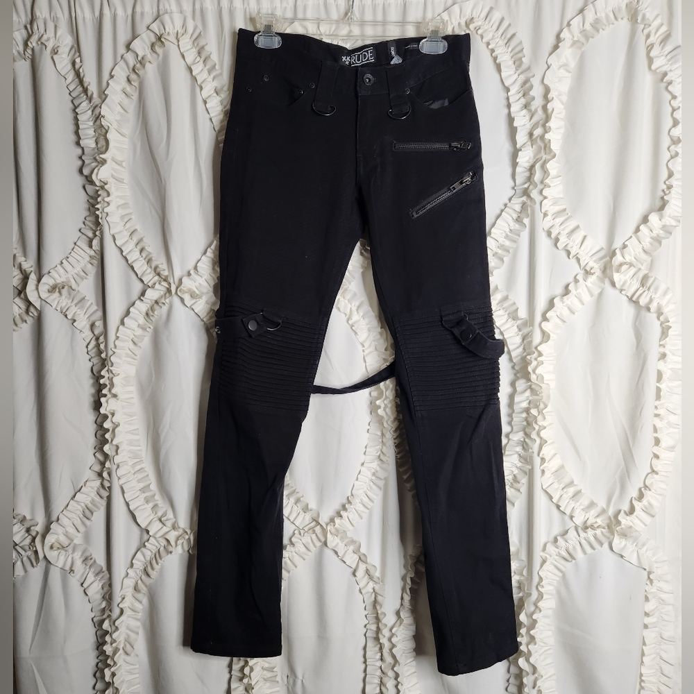 Hot Topic Rude XXX Skinny Jeans Punk Black Distressed Buckle 28x30